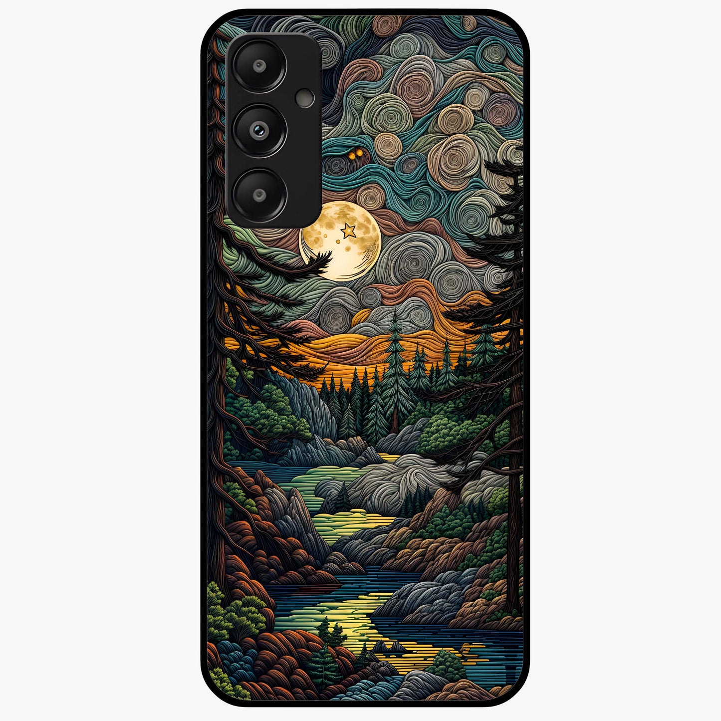 Moonlight Forest Dream Glass Case showing flat back view with mystical forest moonlight artwork and glossy glass finish.
