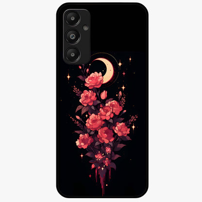 Moonlit Floral Elegance Glass Case showing flat back view with elegant floral artwork under moonlit tones and glossy glass finish.