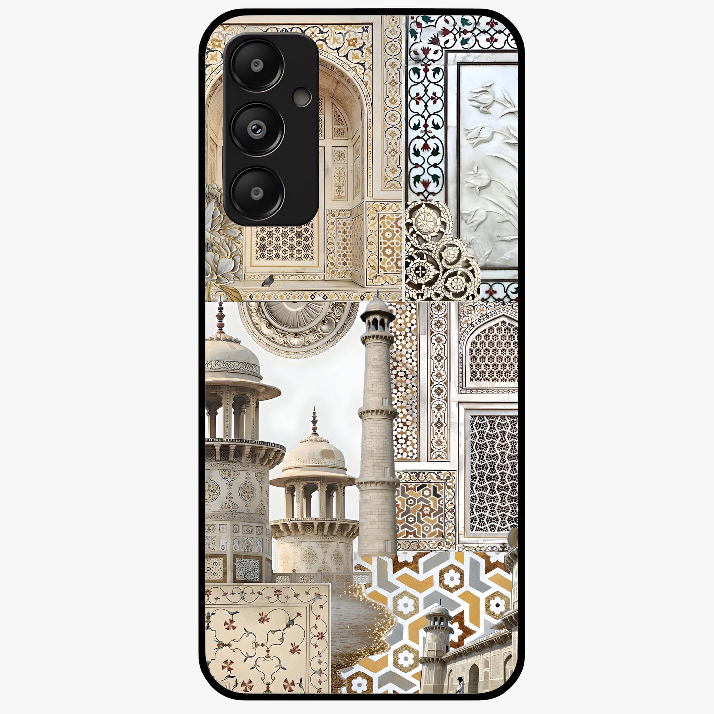 Mughal Marble Legacy Glass Case showing flat back view with intricate Mughal inspired marble pattern and glossy glass finish.