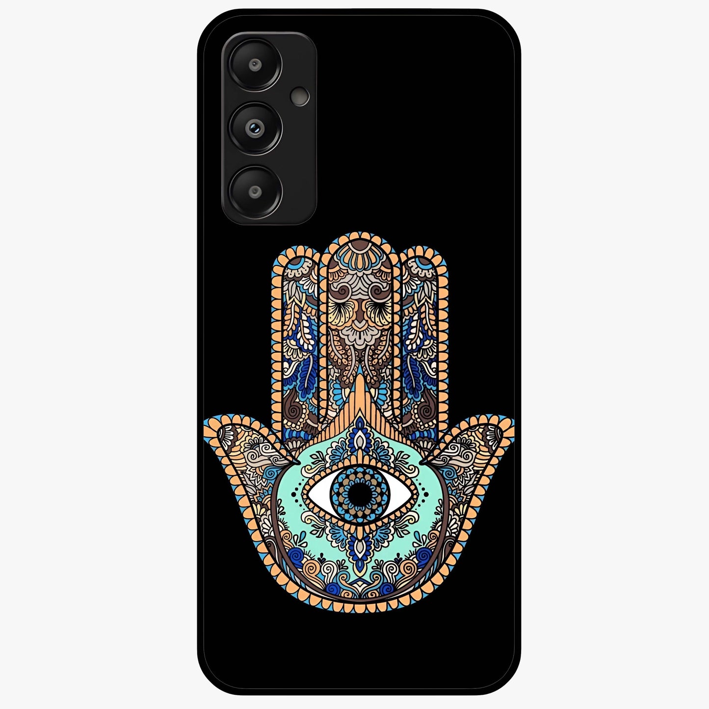 Mystic Hamsa Eye Glass Case showing flat back view with protective hamsa hand and evil eye artwork and glossy glass finish.