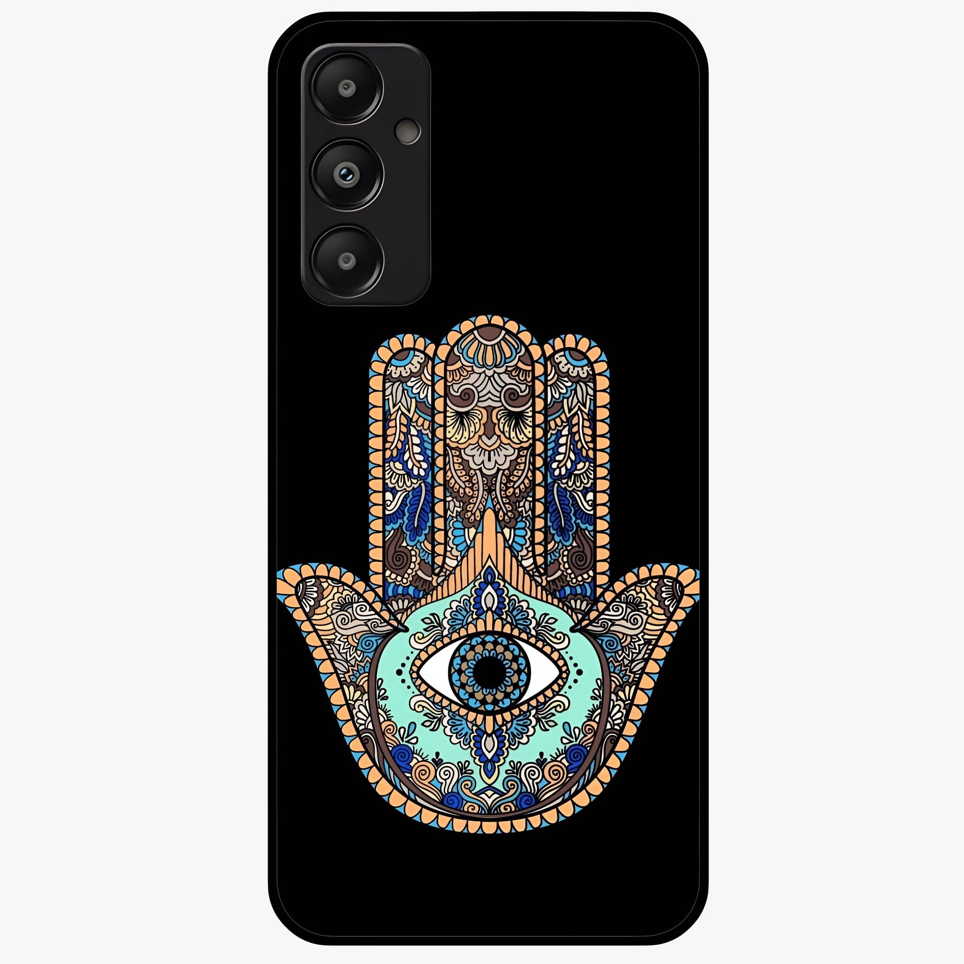 Mystic Hamsa Eye Glass Case showing flat back view with protective hamsa hand and evil eye artwork and glossy glass finish.