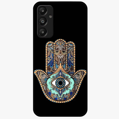 Mystic Hamsa Eye Glass Case showing flat back view with protective hamsa hand and evil eye artwork and glossy glass finish.