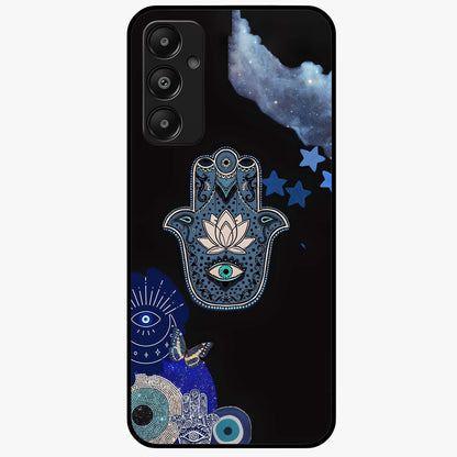 Mystic Hand Aura Glass Case showing flat back view with mystical hand symbol artwork and glossy glass finish.