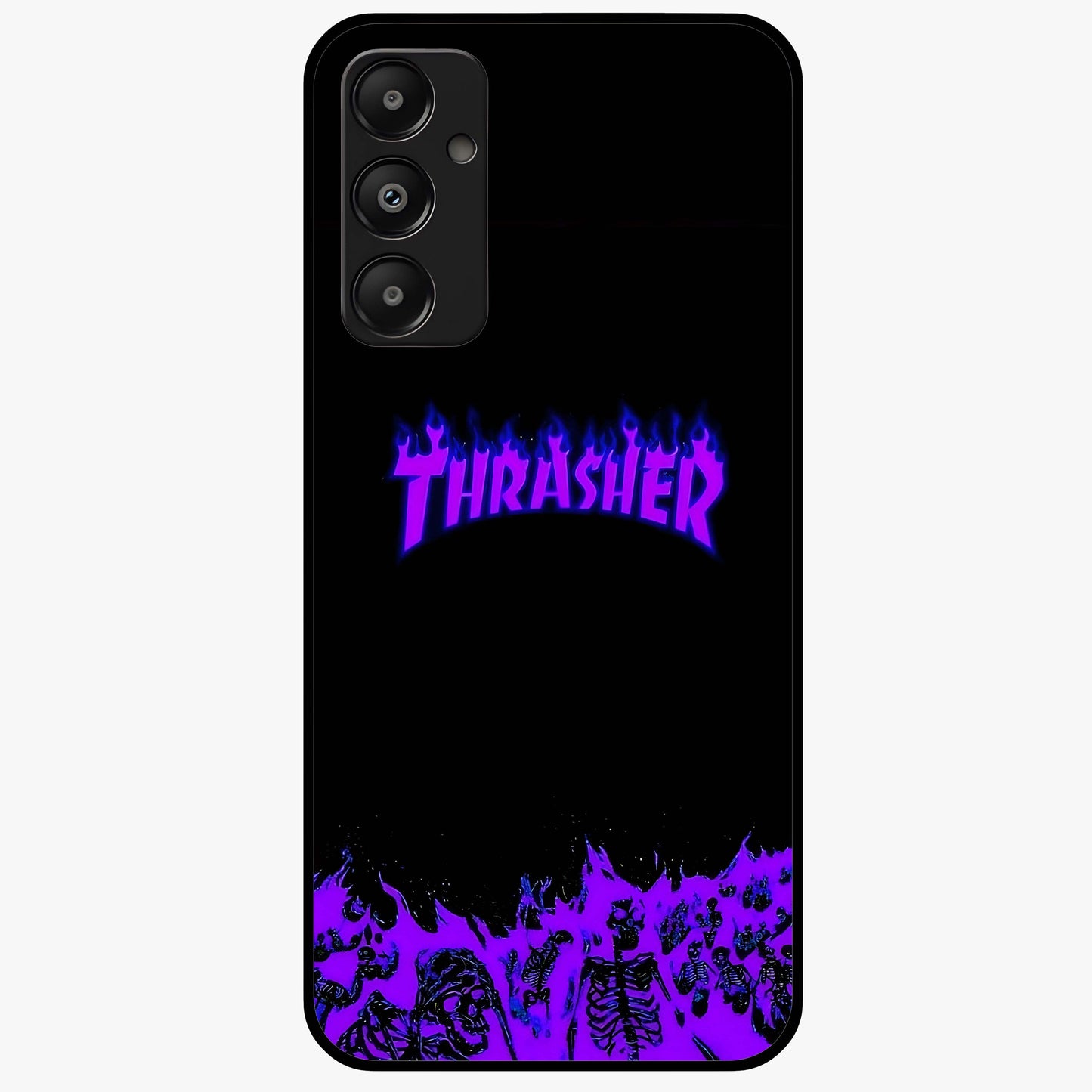 Neon Flame Riot Glass Case showing flat back view with neon flame artwork and glossy glass finish.