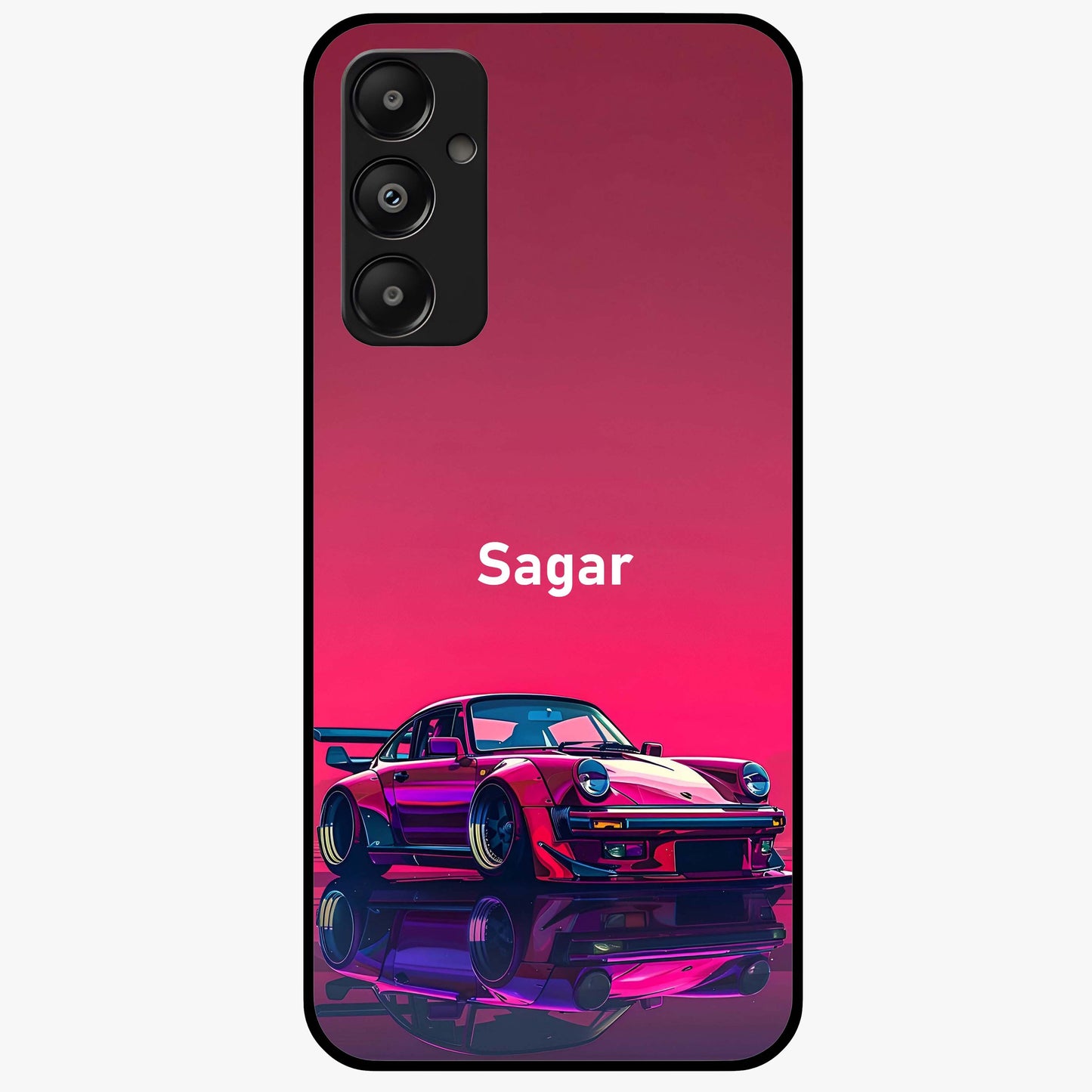 Neon Pink Porsche Glass Case showing flat back view with stylish sports car artwork and glossy glass finish.