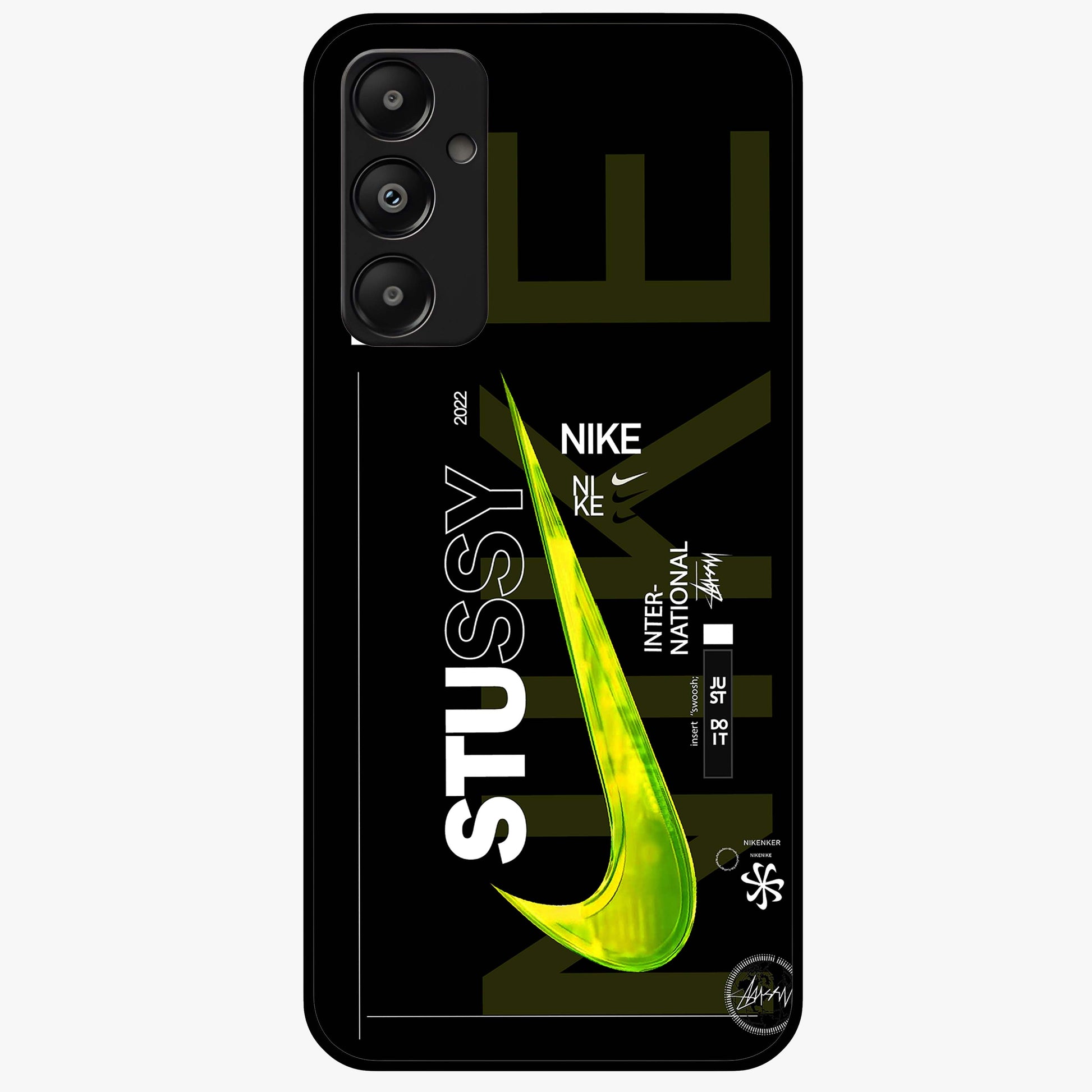 Neon Street Edition Glass Case showing flat back view with neon street style artwork and glossy glass finish.