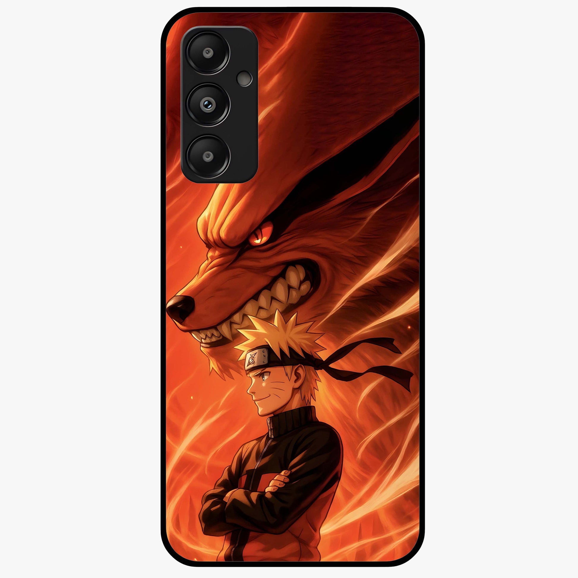 Nine Tails Legacy Glass Case showing flat back view with powerful nine-tailed fox inspired artwork and glossy glass finish.