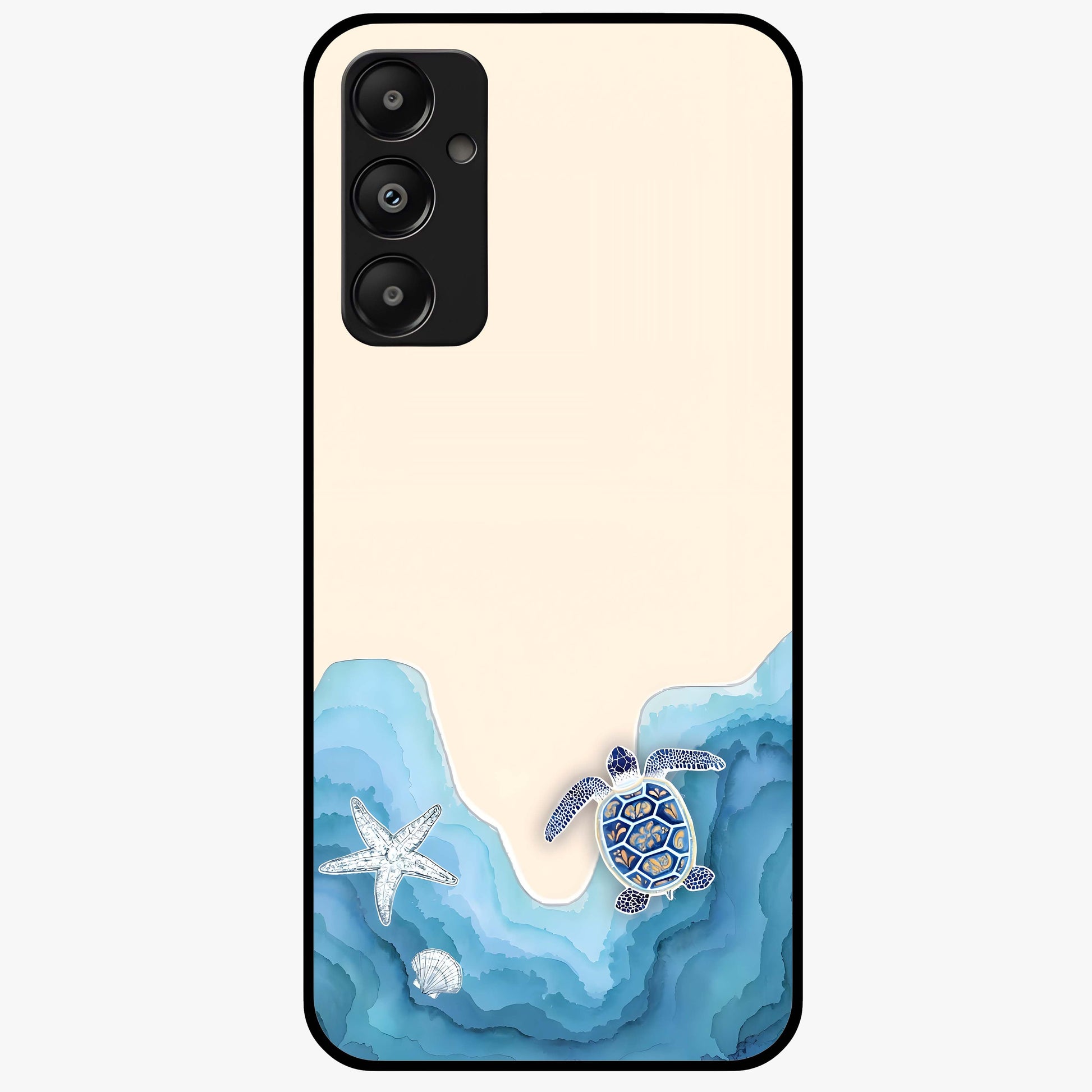 Ocean Drift Turtle Glass Case showing flat back view with sea turtle artwork and glossy glass finish.