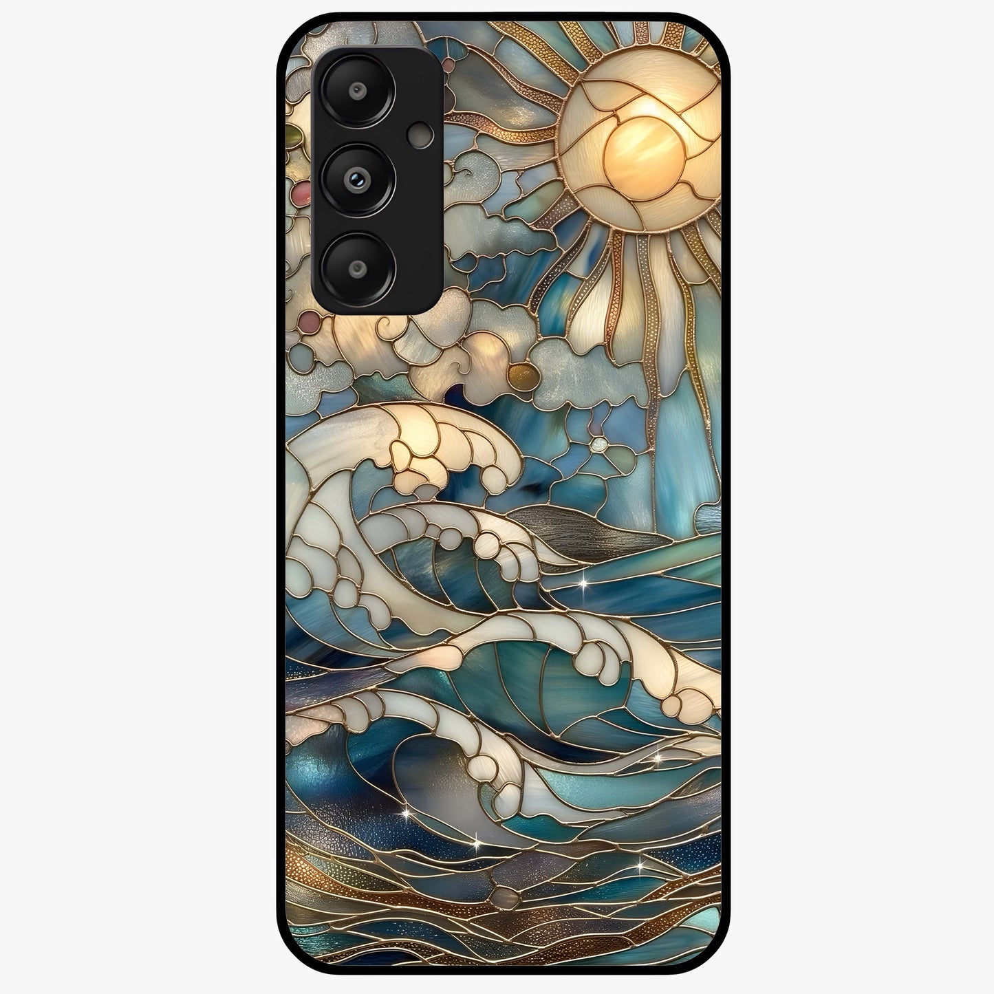 Oceanic Stained Printed Glass Case showing flat back view with ocean inspired stained pattern artwork and glossy glass finish.