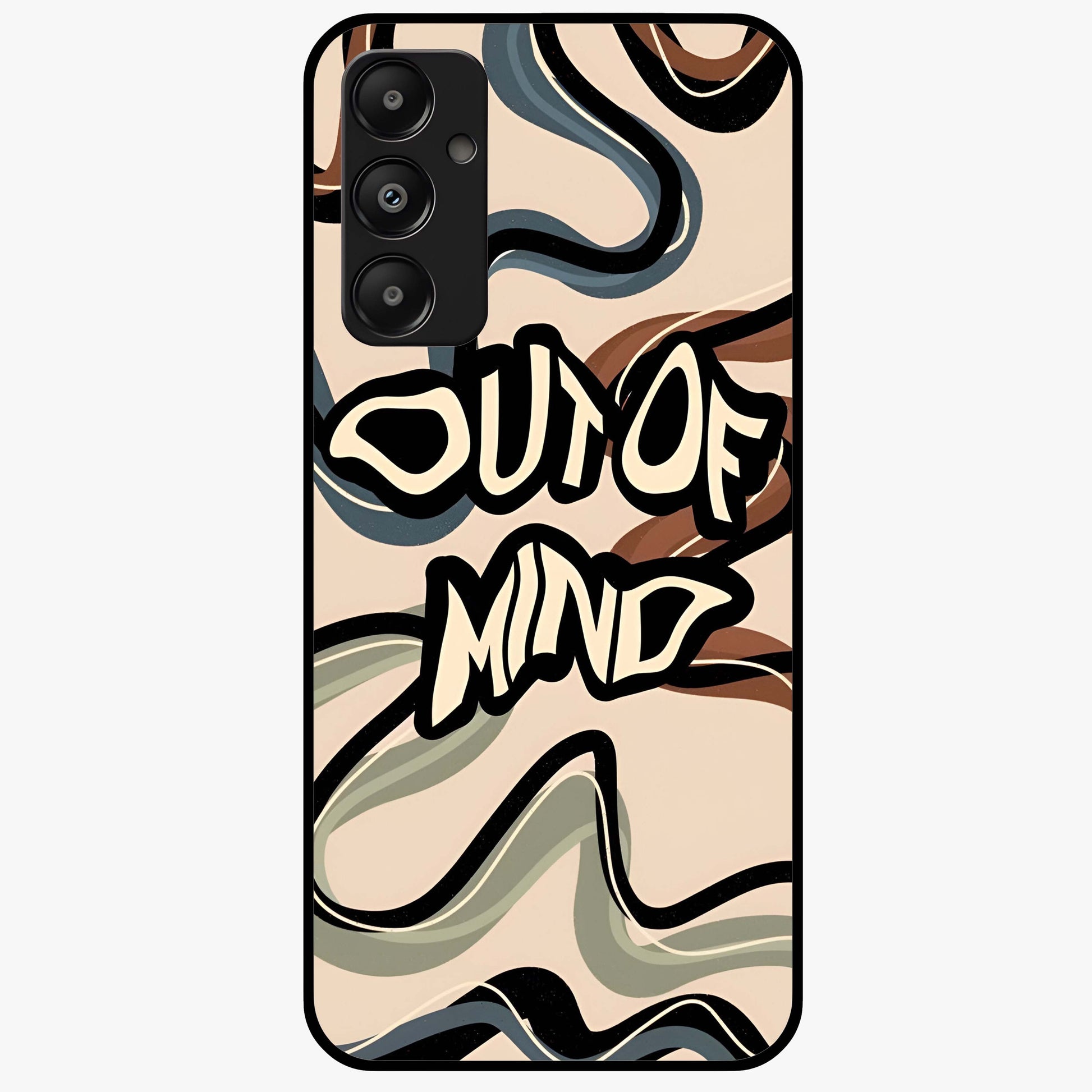 Out Of Mind Glass Case showing flat back view with expressive typography artwork and glossy glass finish.