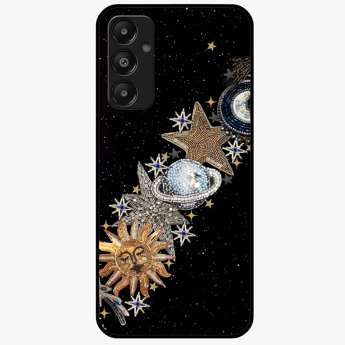 Pearls Universe Object Glass Case showing flat back view with pearl inspired cosmic artwork and glossy glass finish.