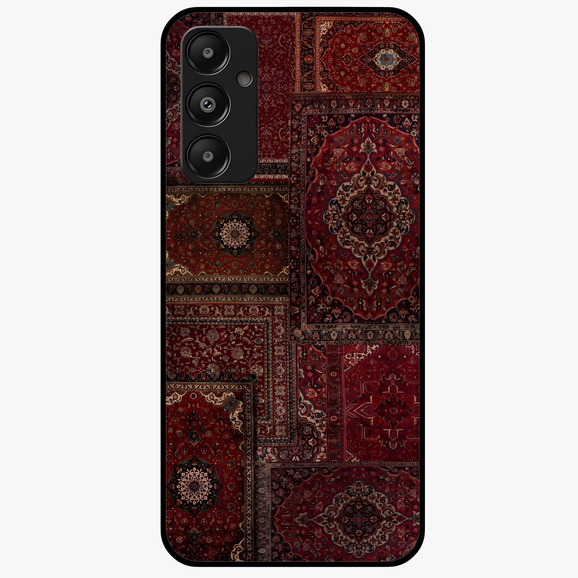 Persian Velvet Tale Glass Case showing flat back view with luxurious Persian velvet pattern artwork and glossy glass finish.
