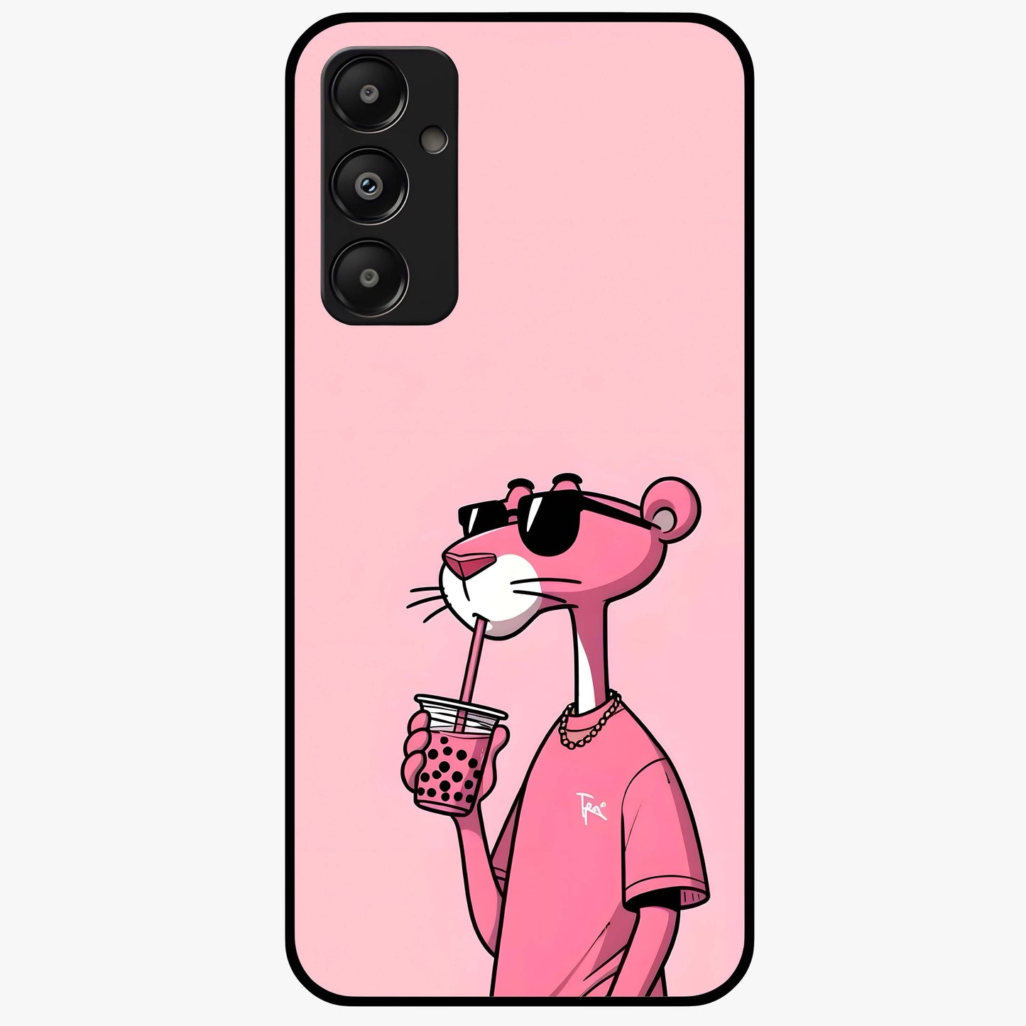 Pink Panther Glass Case showing flat back view with iconic pink panther artwork and glossy glass finish.