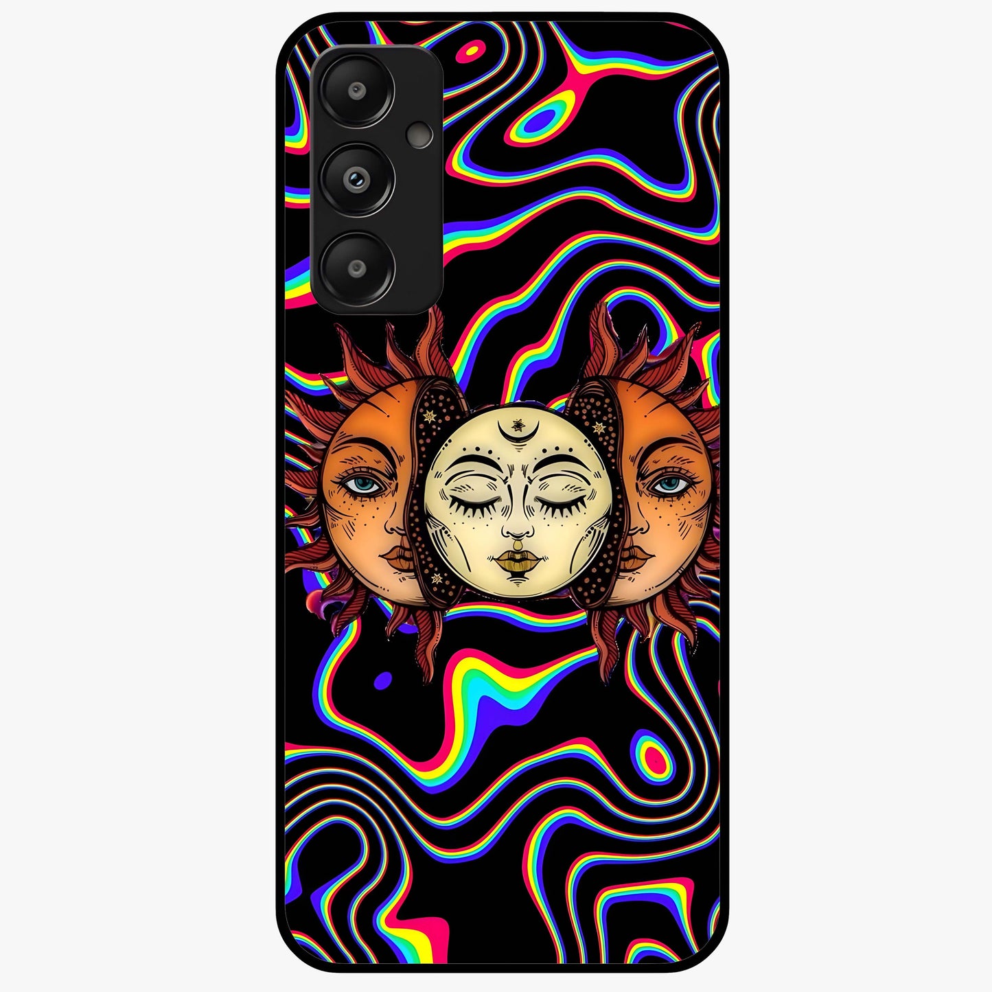 Psychedelic Sun Glass Case showing flat back view with colorful psychedelic sun artwork and glossy glass finish.