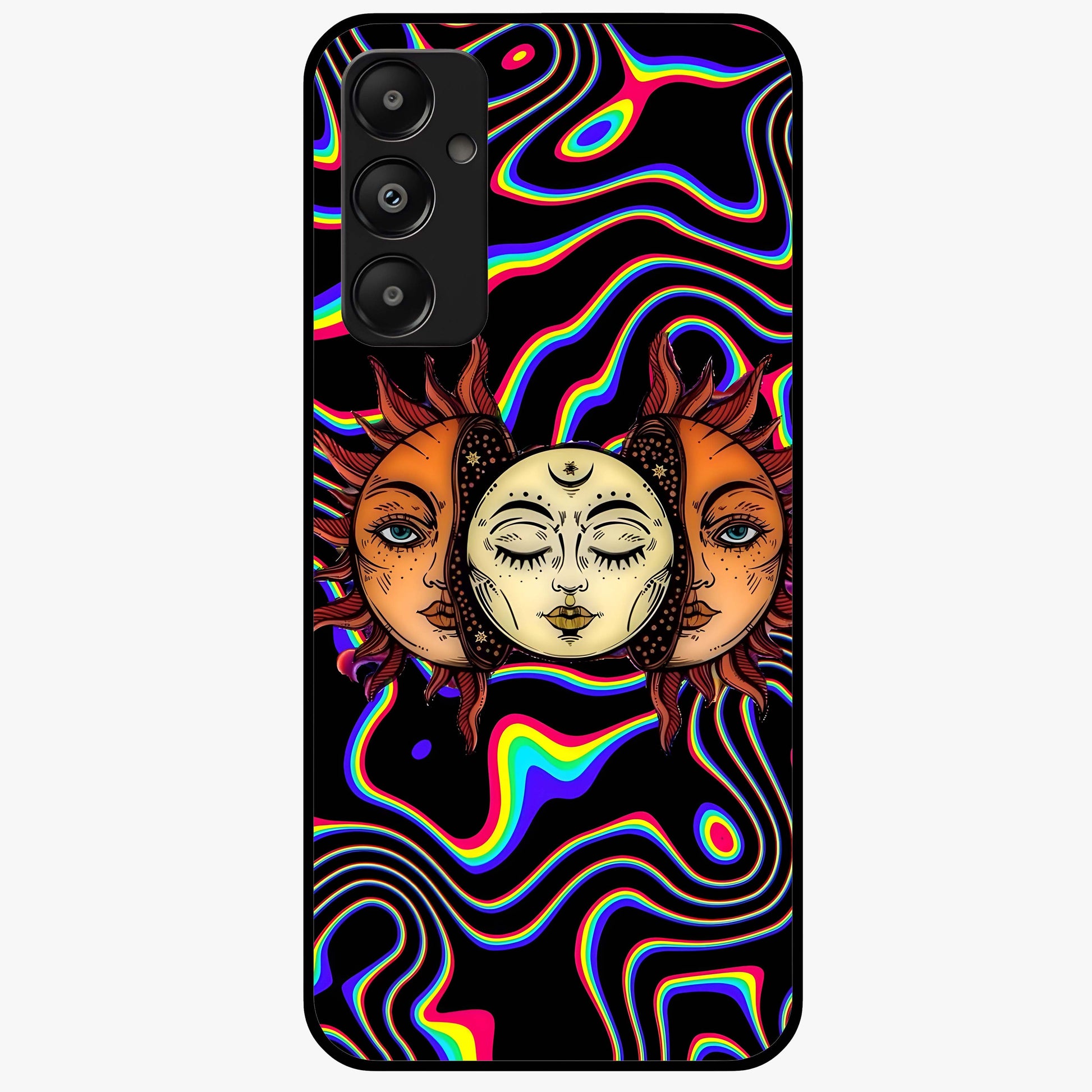 Psychedelic Sun Glass Case showing flat back view with colorful psychedelic sun artwork and glossy glass finish.