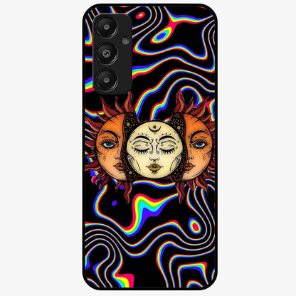 Psychedelic Sun Glass Case showing flat back view with colorful psychedelic sun artwork and glossy glass finish.