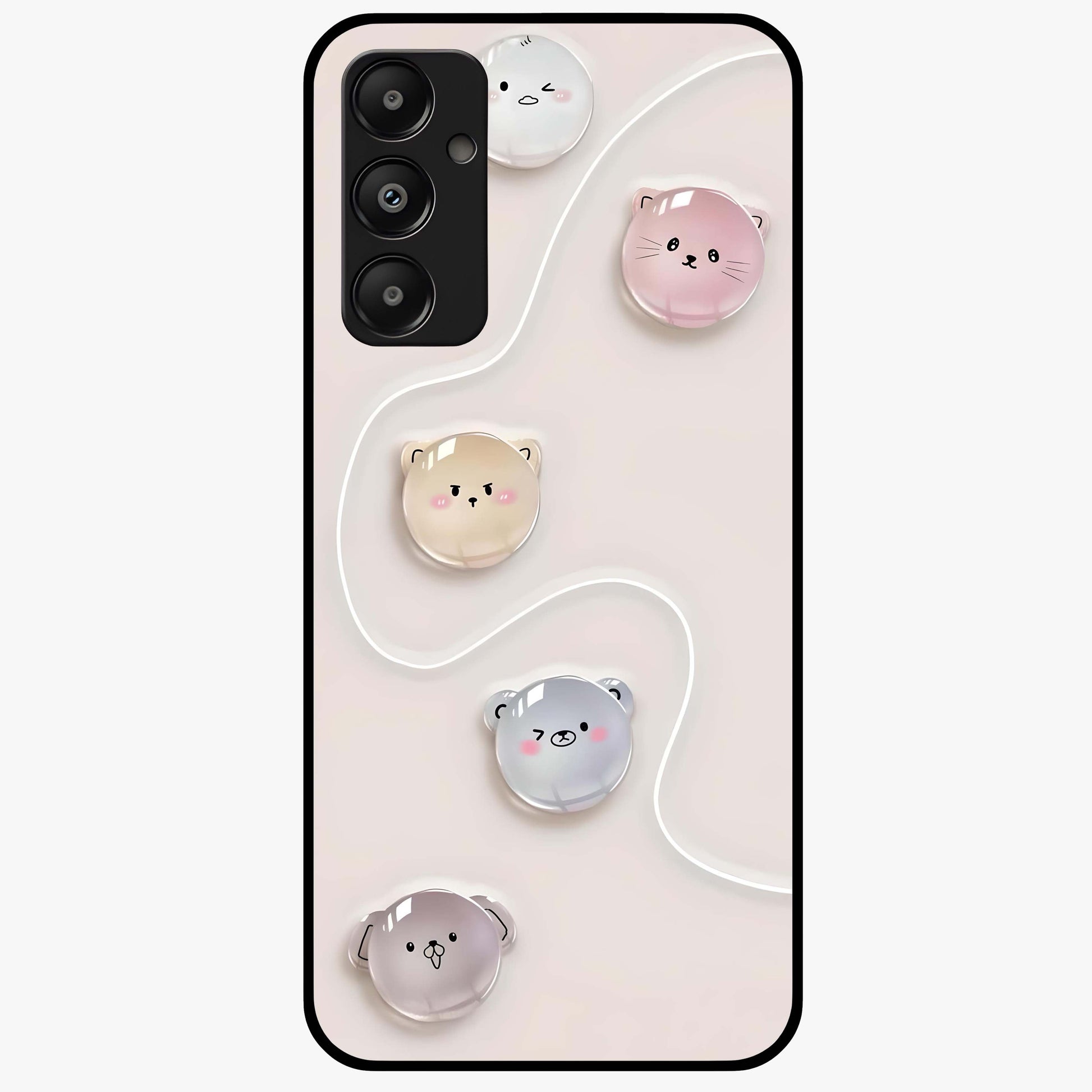 Puffy Face Parade Glass Case showing flat back view with cute puffy character faces artwork and glossy glass finish.