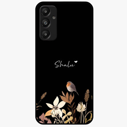 Quiet Garden Tune Custom Name Glass Case showing flat back view with peaceful garden artwork and personalized name design.