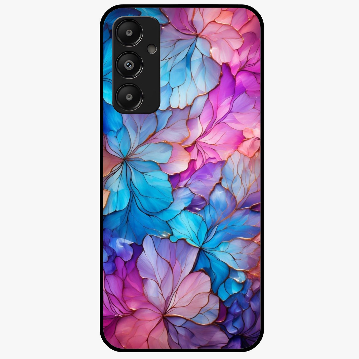 Radiant Floral Whirl Glass Case showing flat back view with swirling floral artwork and glossy glass finish.