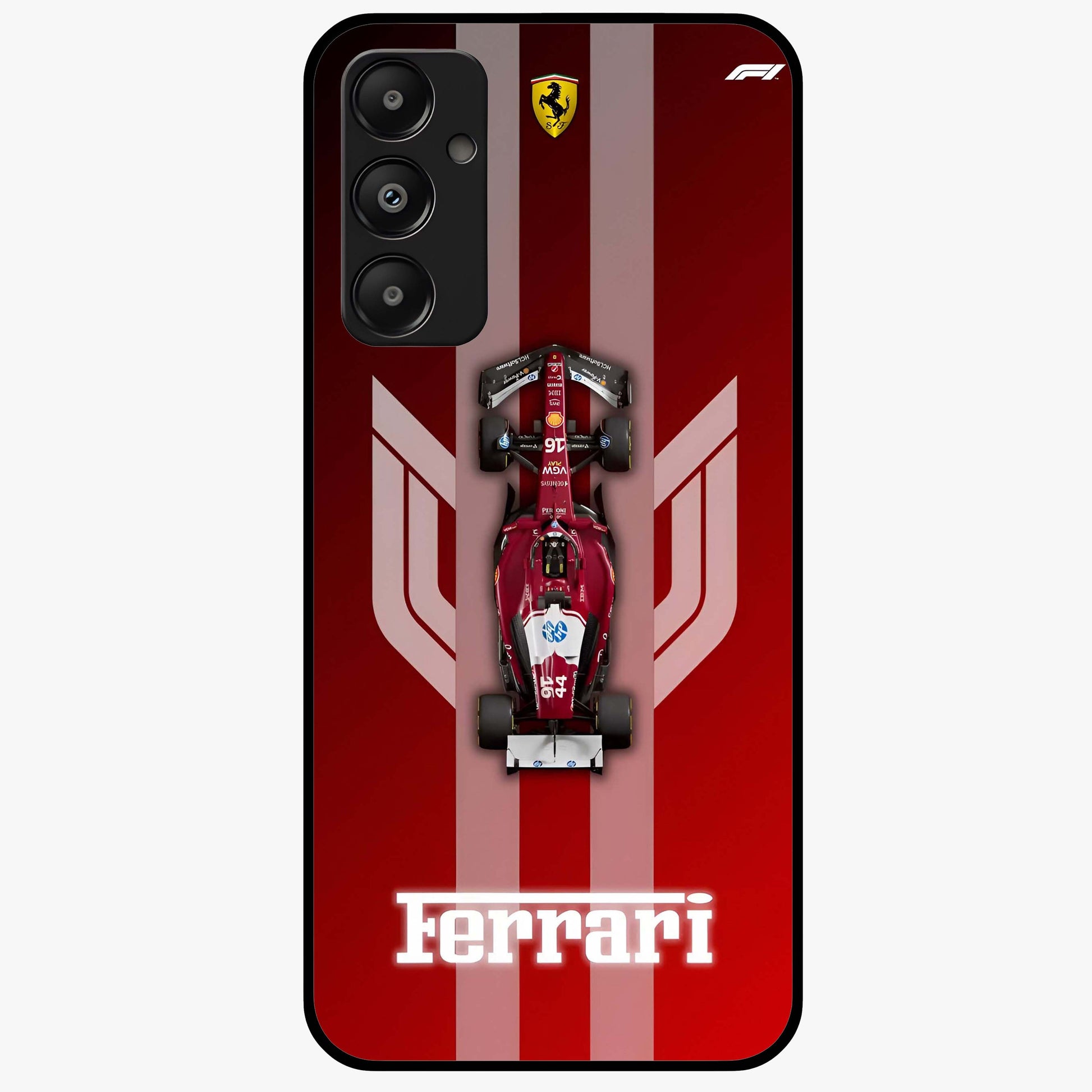 Red Ferrari F1 Vertical Glass Case showing flat back view with sleek Formula racing car artwork and glossy glass finish.