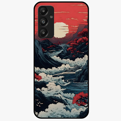 Red Sunset Scenery Glass Case showing flat back view with vibrant sunset landscape artwork and glossy glass finish.