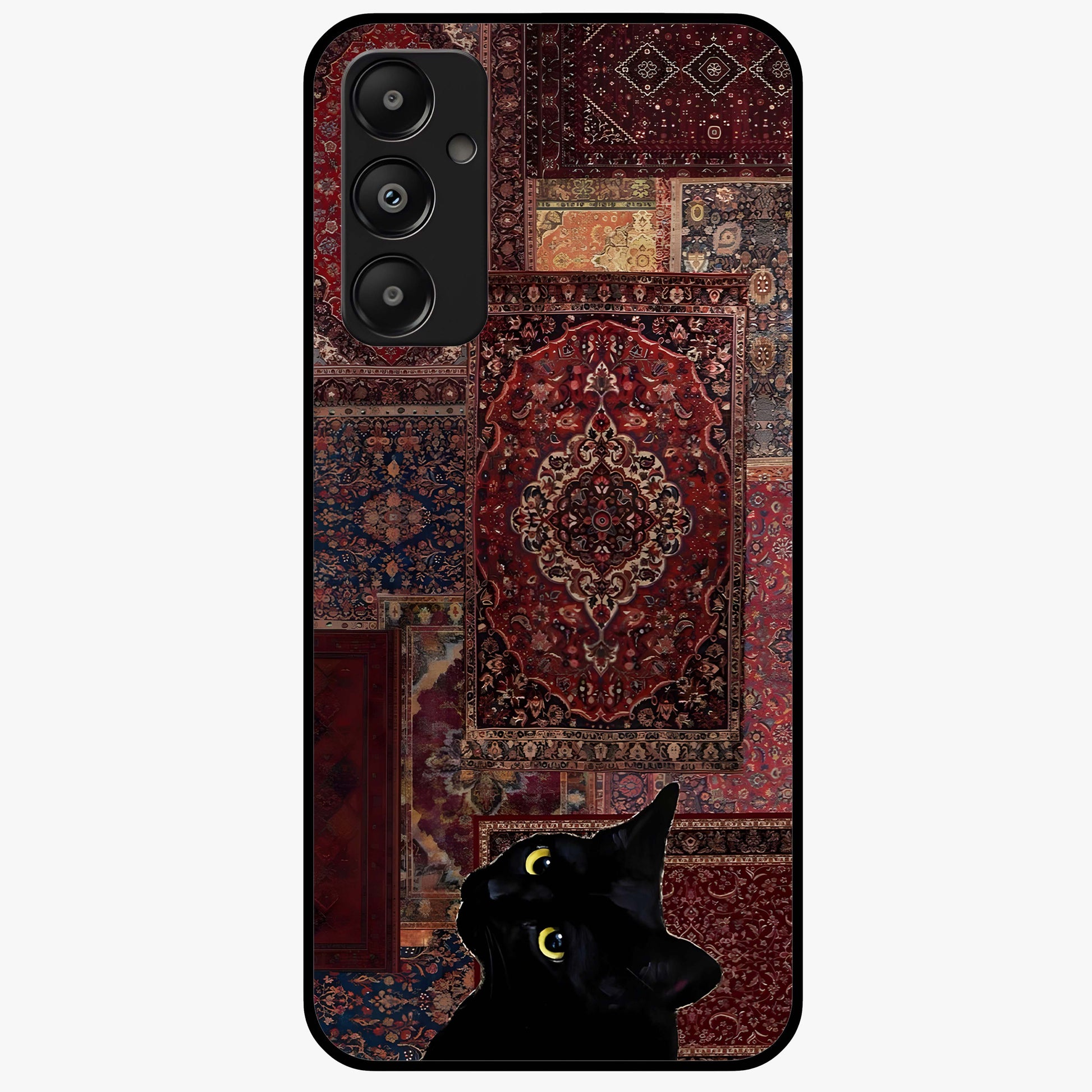Regal Magic Cat Apple Glass Case showing flat back view with magical cat artwork holding apple and glossy glass finish.