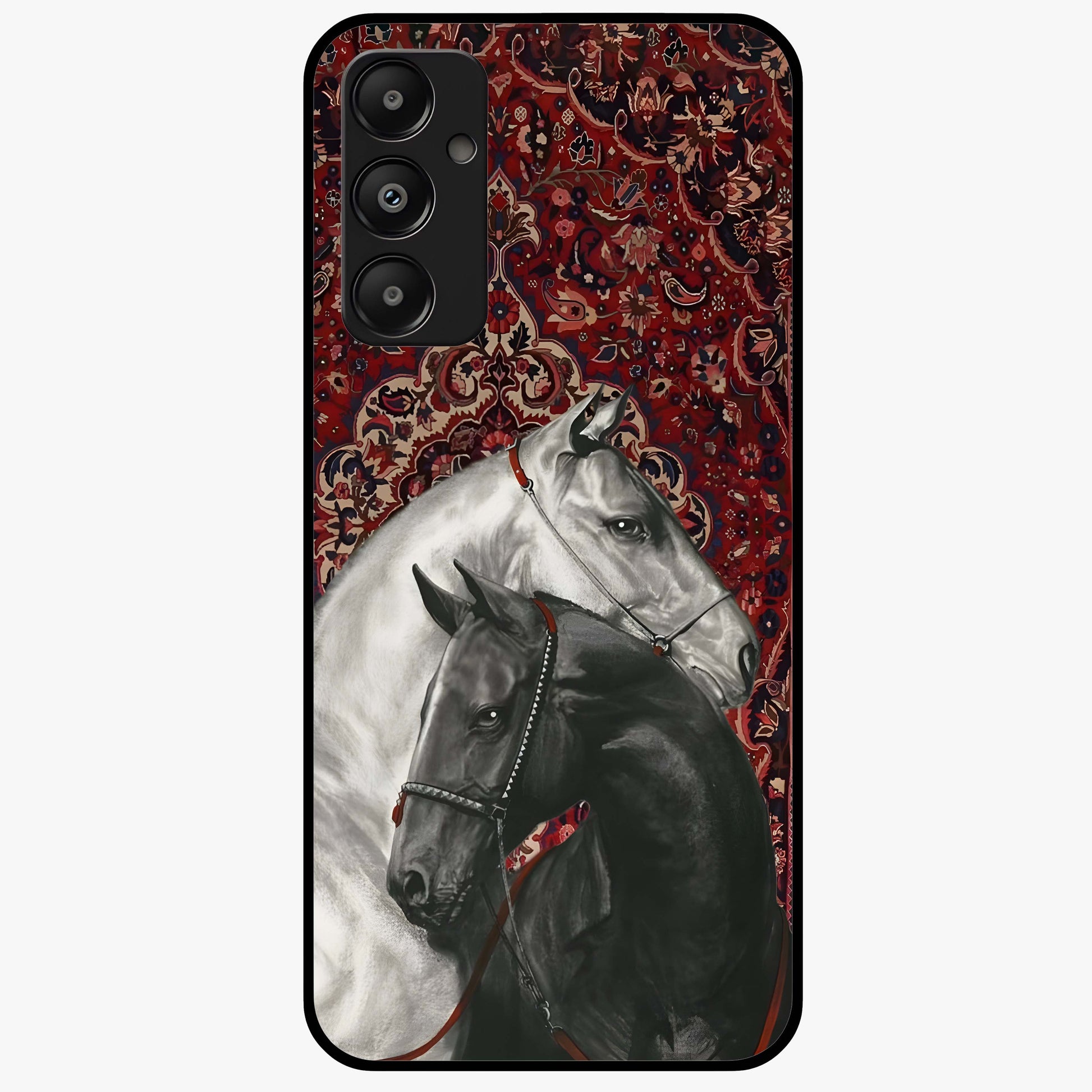 Regal Stallion Tapestry Glass Case showing flat back view with majestic horse tapestry artwork and glossy glass finish.