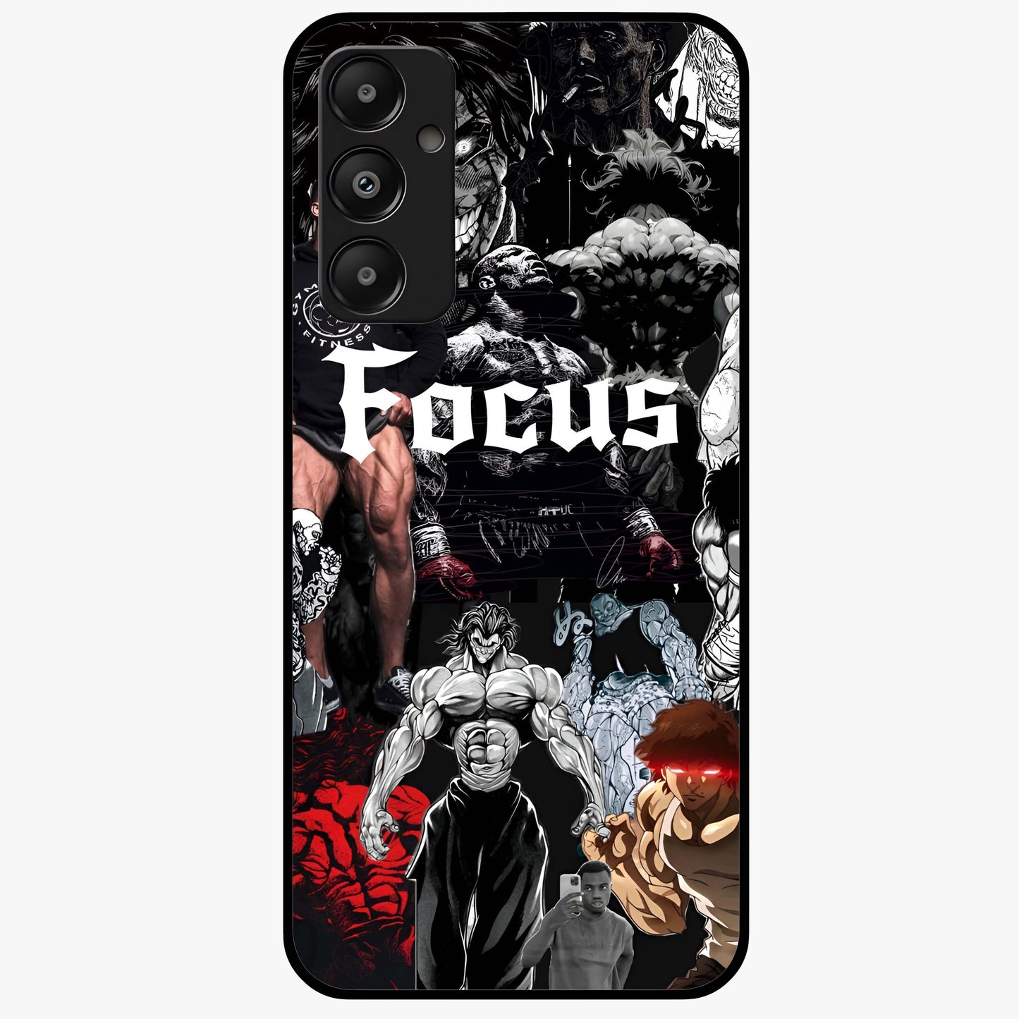 Relentless Power Focus Glass Case showing flat back view with motivational typography artwork and glossy glass finish.
