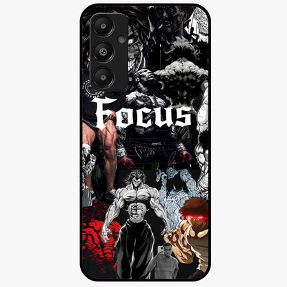 Relentless Power Focus Glass Case showing flat back view with motivational typography artwork and glossy glass finish.