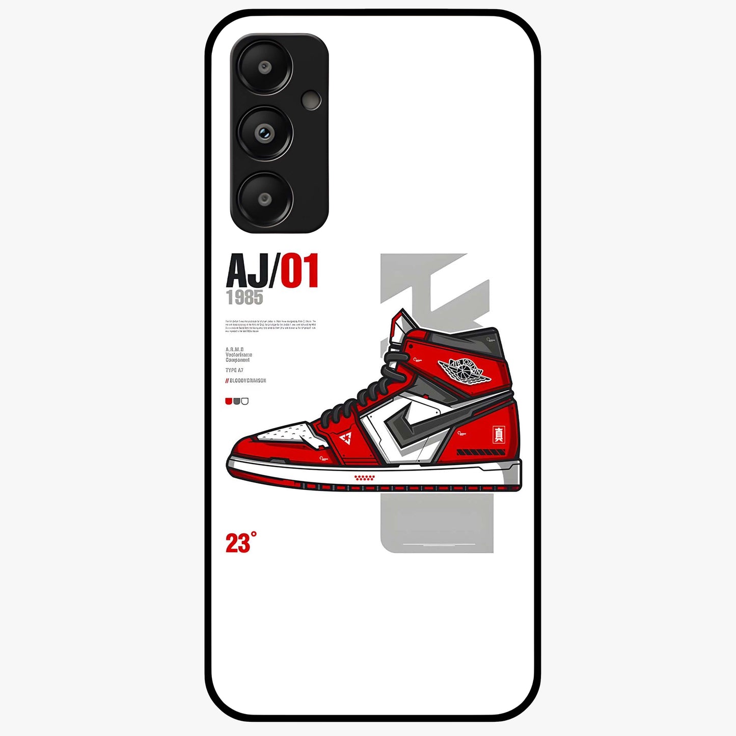 Retro Sneaker Blueprint Glass Case showing flat back view with sneaker blueprint style artwork and glossy glass finish.