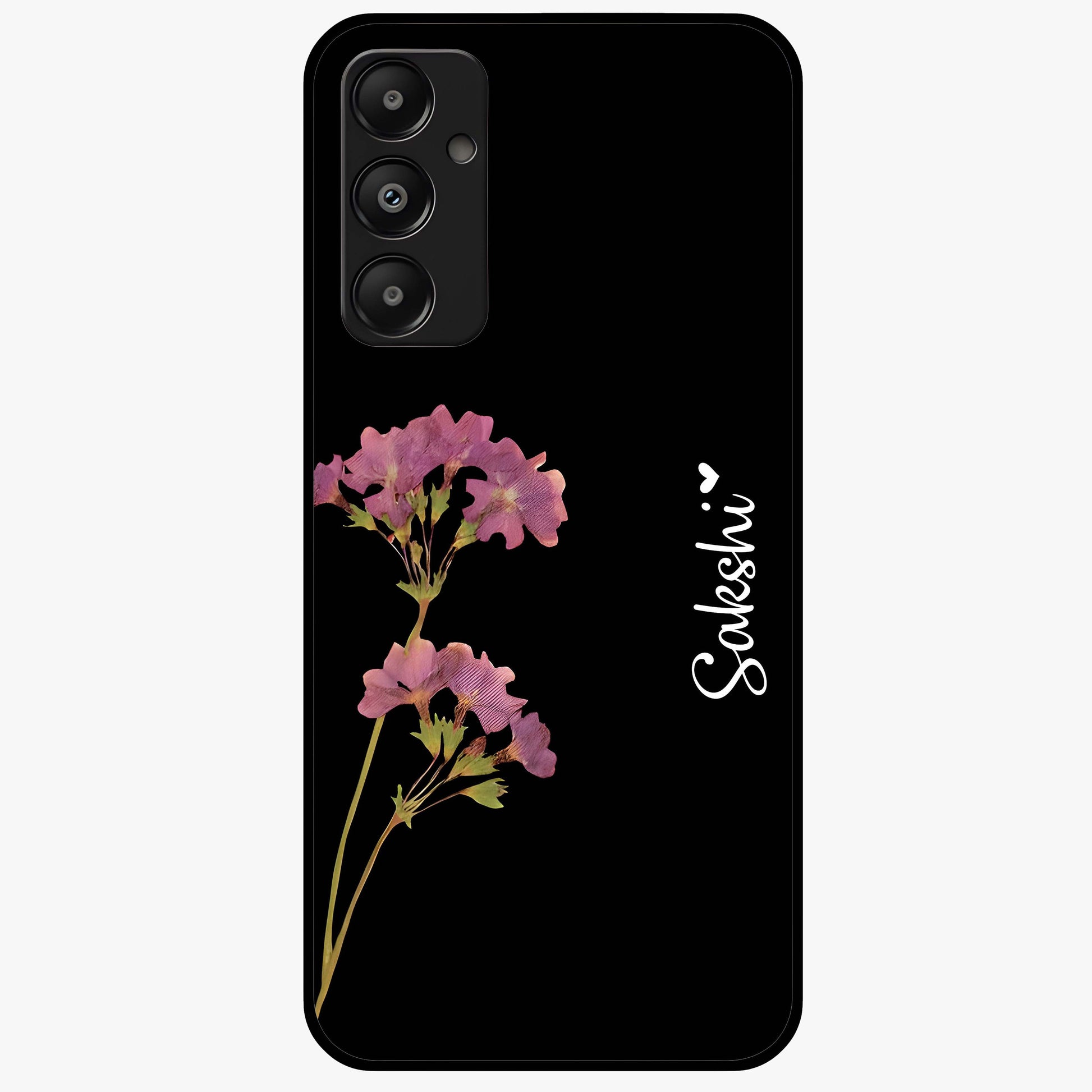 Riching Lavender Flower Custom Name Glass Case showing flat back view with lavender floral artwork and personalized name design.
