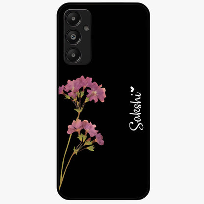 Riching Lavender Flower Custom Name Glass Case showing flat back view with lavender floral artwork and personalized name design.