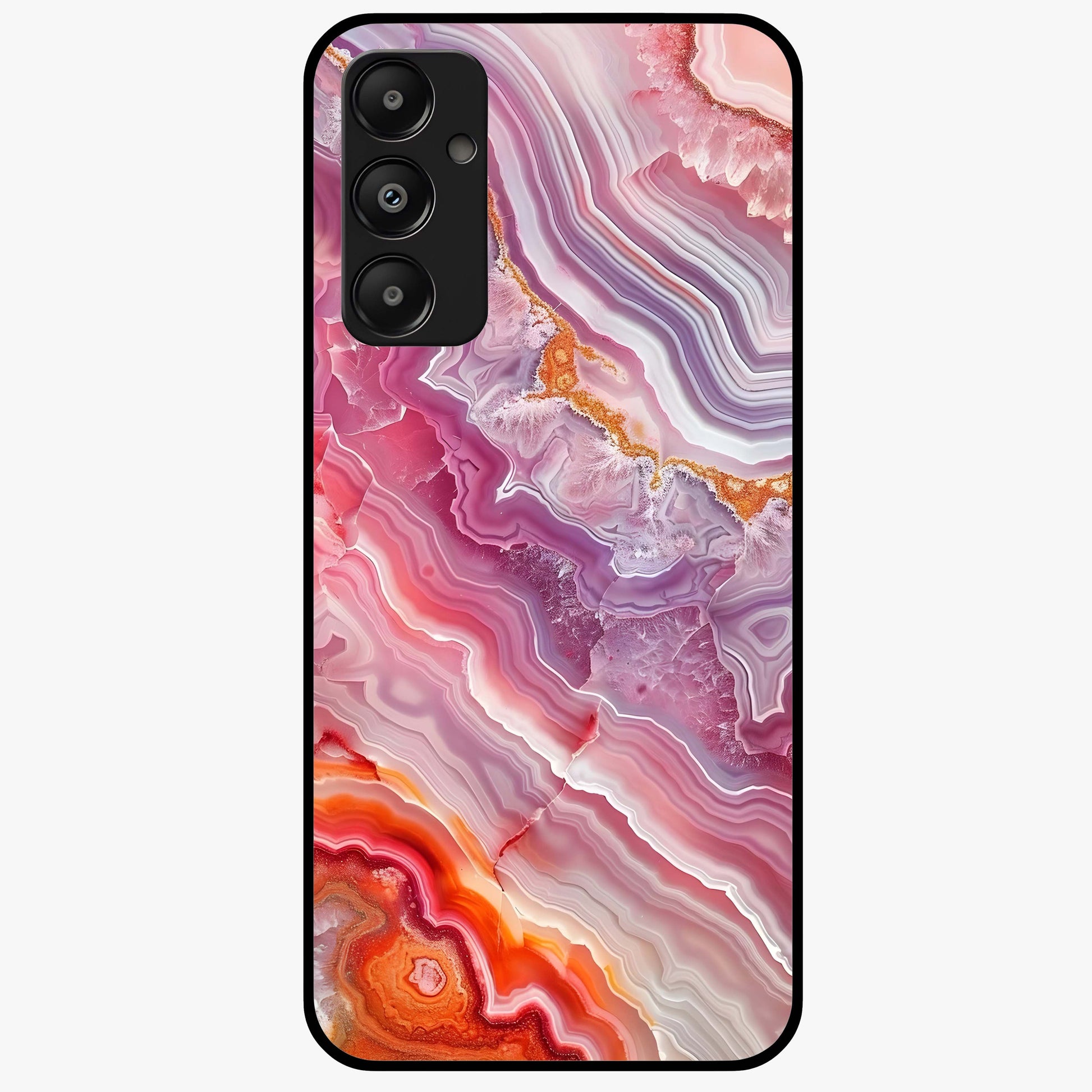 Rose Quartz Marble Glass Case showing flat back view with pink marble quartz texture artwork and glossy glass finish.