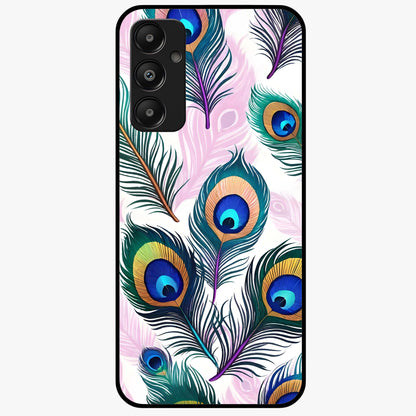 Royal Peacock Feathers Glass Case showing flat back view with colorful peacock feather artwork and glossy glass finish.