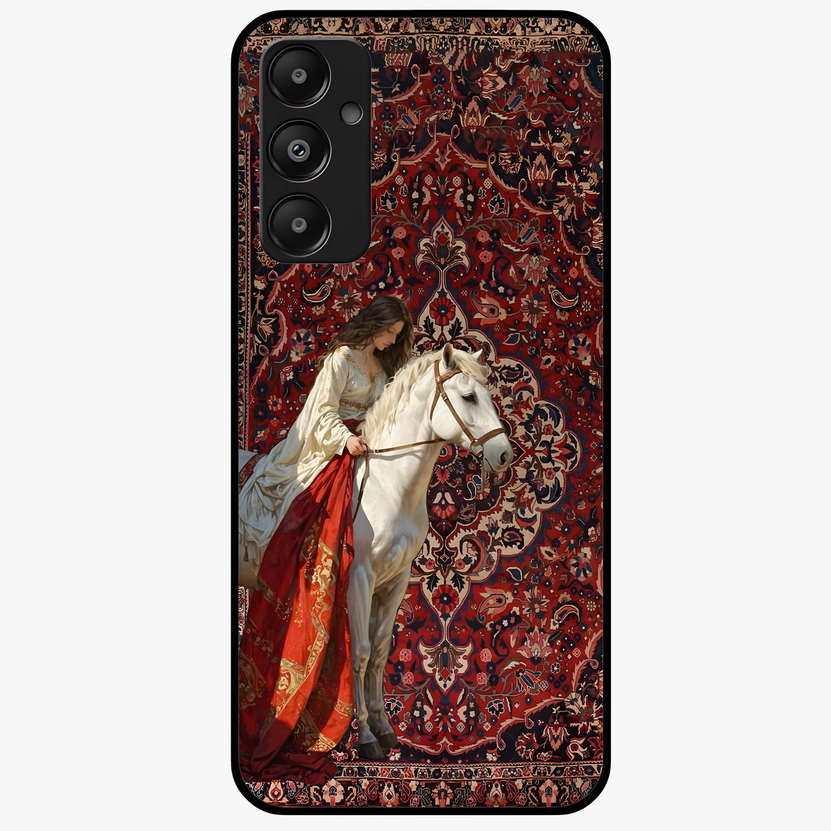 Royal Rider Tapestry Glass Case showing flat back view with majestic horse rider tapestry artwork and glossy glass finish.