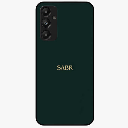 Sabr Minimal Patience Glass Case showing flat back view with minimalist typography artwork and glossy glass finish.