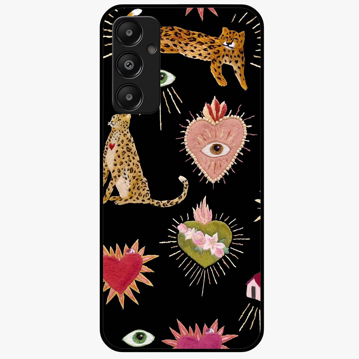 Sacred Jungle Heart Glass Case showing flat back view with jungle inspired heart artwork and glossy glass finish.