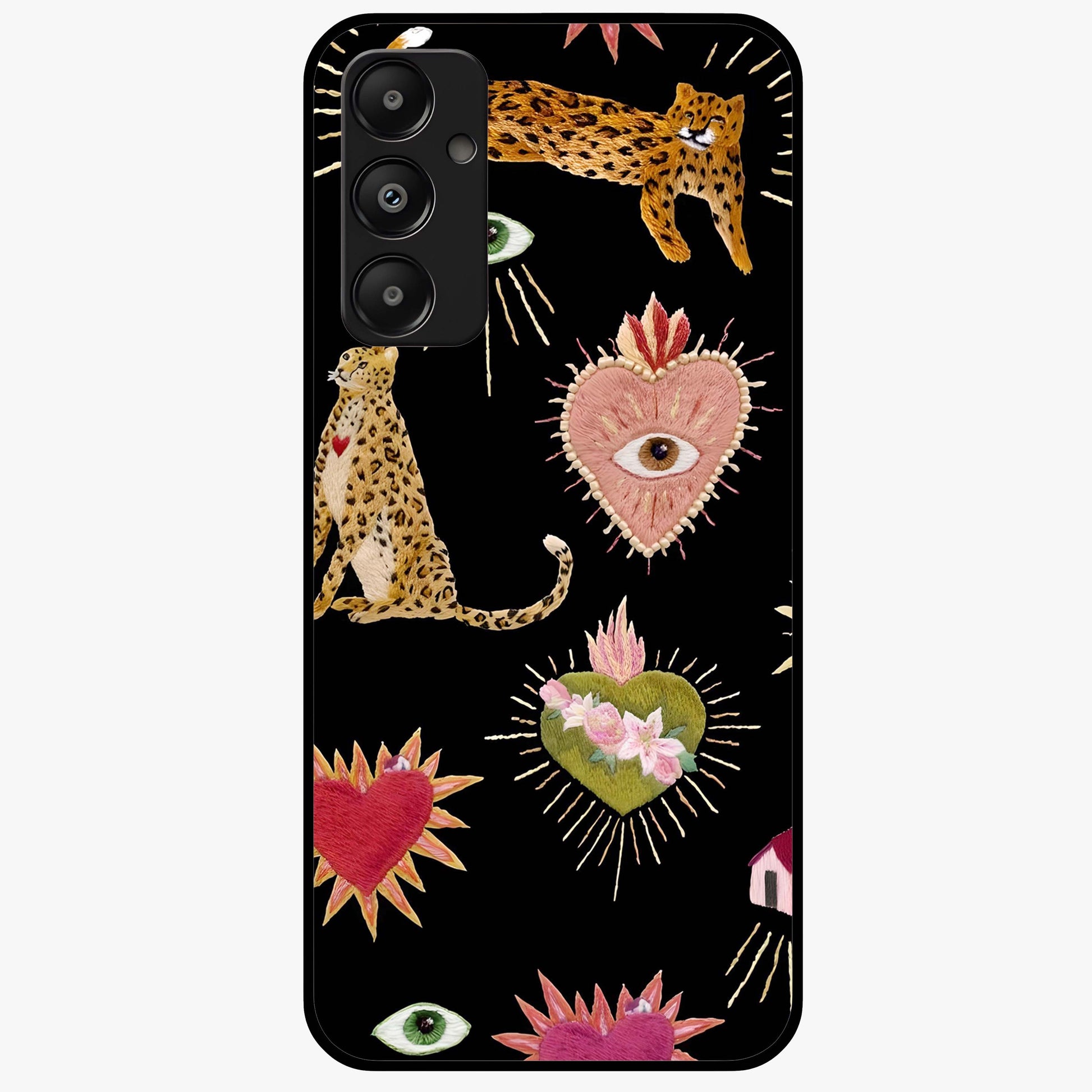 Sacred Jungle Heart Glass Case showing flat back view with jungle inspired heart artwork and glossy glass finish.