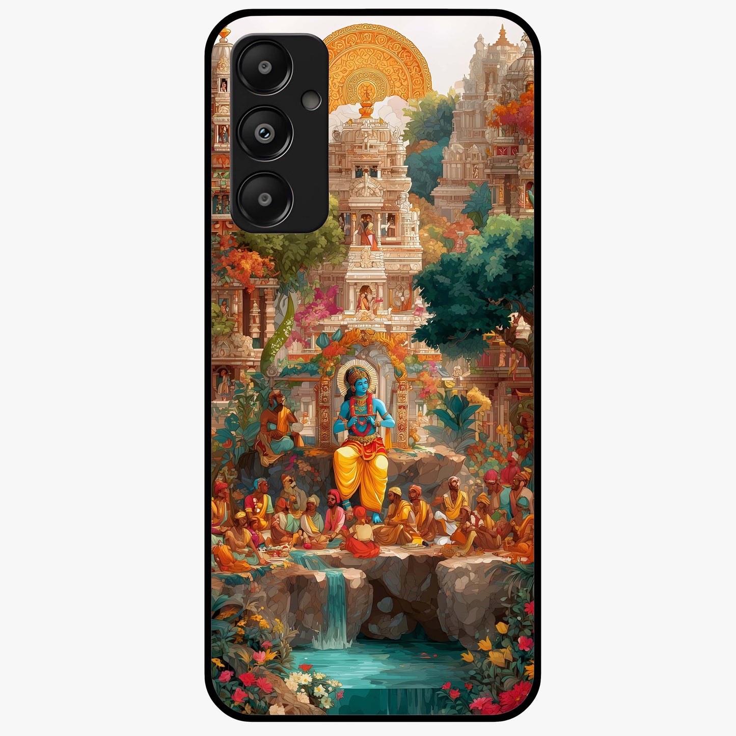 Sacred Sunlight Gods Glass Case showing flat back view with divine sunlight themed artwork and glossy glass finish.