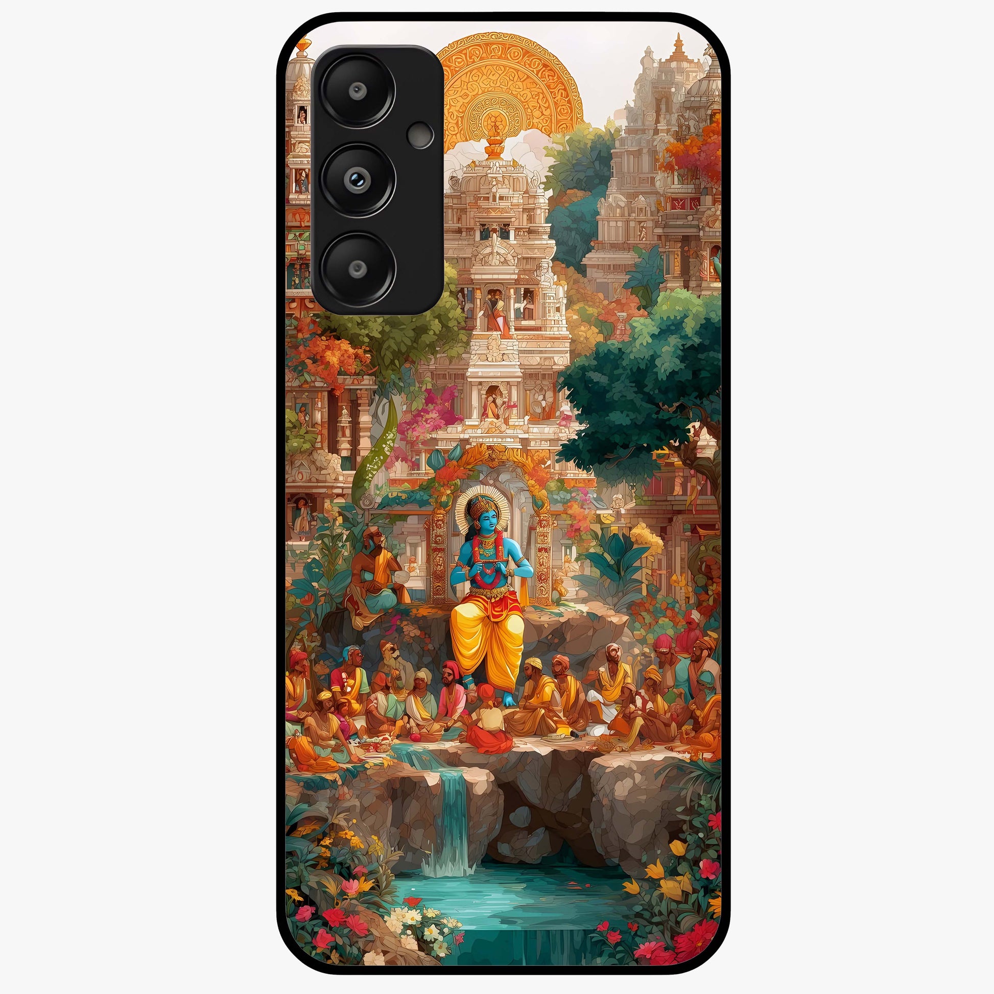 Sacred Sunlight Gods Glass Case showing flat back view with divine sunlight themed artwork and glossy glass finish.