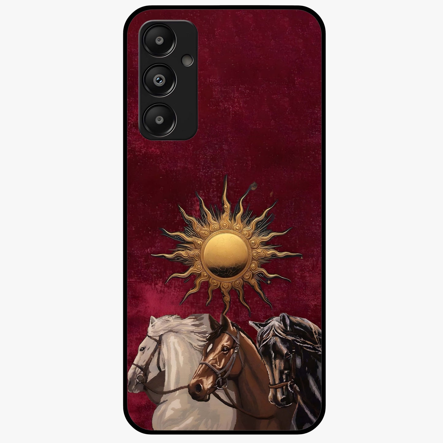 Solar Riders Glass Case showing flat back view with dynamic rider themed artwork and glossy glass finish.