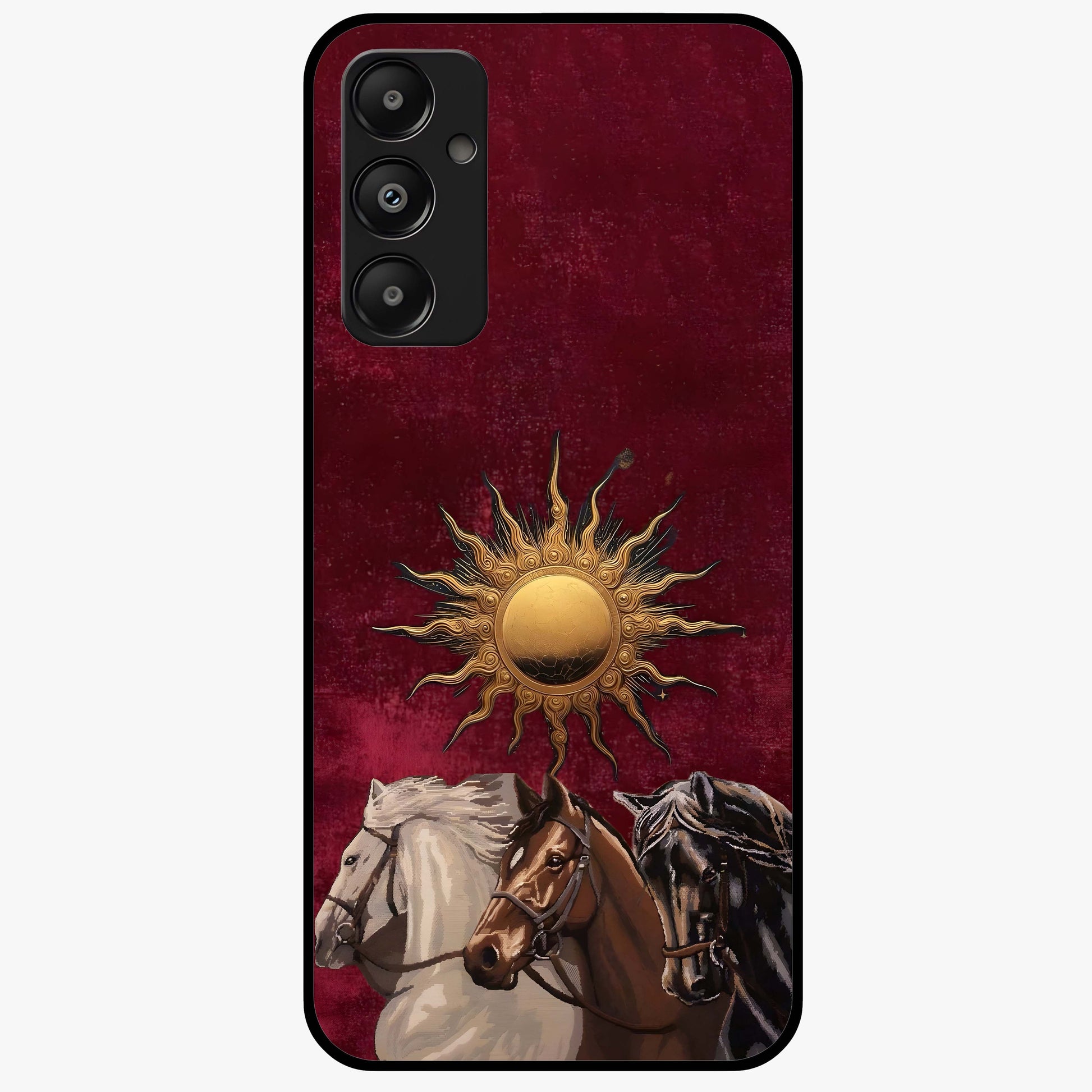 Solar Riders Glass Case showing flat back view with dynamic rider themed artwork and glossy glass finish.