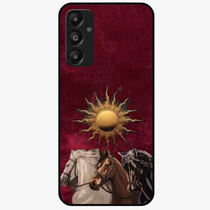 Solar Riders Glass Case showing flat back view with dynamic rider themed artwork and glossy glass finish.