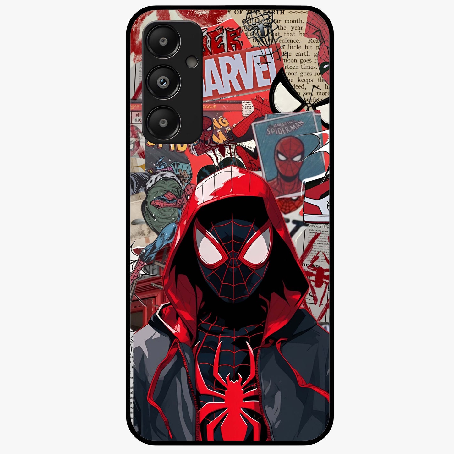 Spider Collage Street Glass Case showing flat back view with vibrant superhero collage artwork and glossy glass finish.