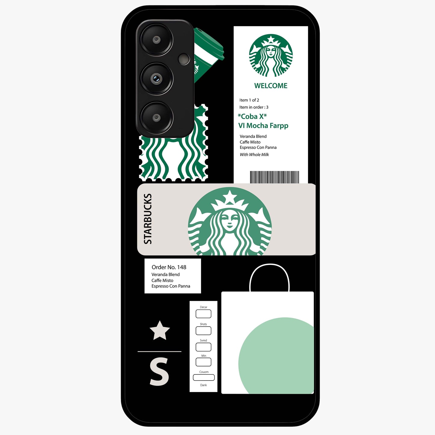 Starbucks Mocha Glass Case showing flat back view with coffee inspired artwork and glossy glass finish.