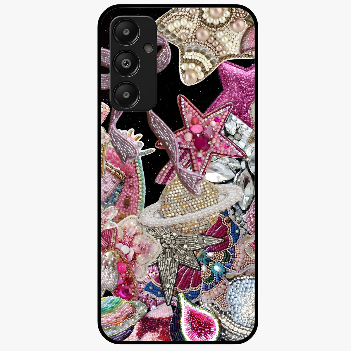 Starlit Jewel Dream Glass Case showing flat back view with sparkling jewel and star themed artwork and glossy glass finish.