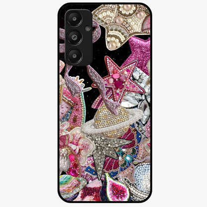 Starlit Jewel Dream Glass Case showing flat back view with sparkling jewel and star themed artwork and glossy glass finish.