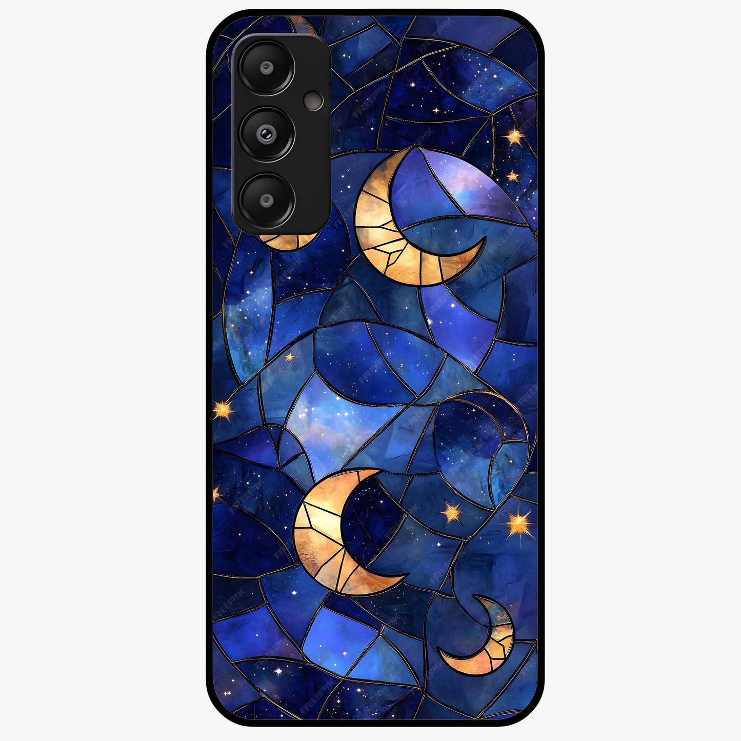 Starlit Sky Tapestry Glass Case showing flat back view with decorative starry sky tapestry artwork and glossy glass finish.