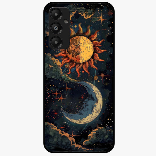 Sun And Moon Magic Design Glass Case showing flat back view with mystical sun and moon artwork and glossy glass finish.