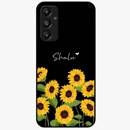 Sunflower Chic Mood Custom Name Glass Case showing flat back view with stylish sunflower artwork and personalized name design.
